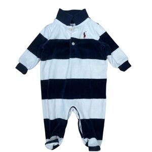 Ralph Lauren Velour Blue White Striped One Piece Baby 3 Months Polo Preppy Rugby